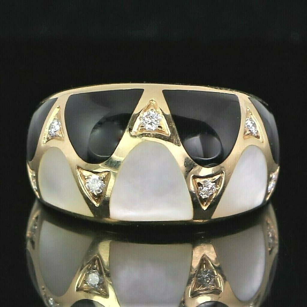 17186 Kabana 14k Yellow Gold Diamond Mother Of Pearl Inlay Black Enamel Ring